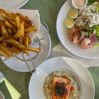 Mariposa - (Clockwise) Truffle Fries, Crab & Shrimp Louie, and Salmon Ochazuke. - New American Near Me - Honolulu, Hawaii