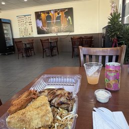Seafood and BBQ Chicken Combo Lunch with fried rice and chow mein plus Hawaiian Sun pass-o-guava chaser Seafood and BBQ Chicken Combo Lunch with fried rice and chow mein plus Hawaiian Sun pass-o-guava chaser
