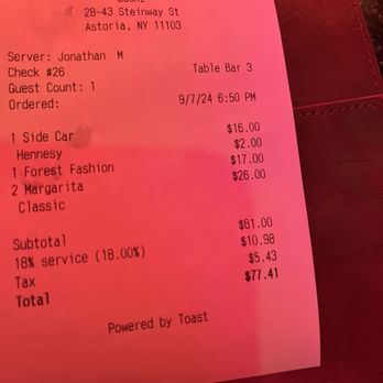 BOSKÉ - Party of 2 receipt - Lounges Near Me - Queens, New York
