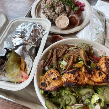 Mazra - Crispy Cauliflower (back), little gem fattoush salad with chicken, and gyro - Middle Eastern Near Me - San Bruno, California Mazra - Crispy Cauliflower (back), little gem fattoush salad with chicken, and gyro - Middle Eastern Near Me - San Bruno, California