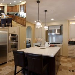 Pacific Kitchens Inc - From Outdated to Outstanding mixing a creamy white cabinets with dark wood tone island and white countertops.