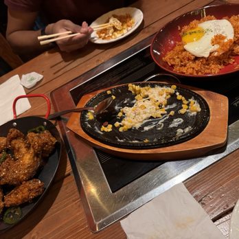 K Pocha - Jalapeno soy fried chicken, corn cheese, spam kimchi fried rice. Also had beers. All very good - Korean Near Me - Aurora, Colorado
