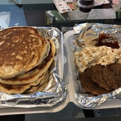 Humongous pancakes. Trio breakfast combo!