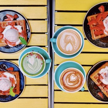 Outro - strawberry tiramisu waffle, matcha rose latte, mocha, caramel macchiato. - Cafes Near Me - New York, New York Outro - strawberry tiramisu waffle, matcha rose latte, mocha, caramel macchiato. - Cafes Near Me - New York, New York