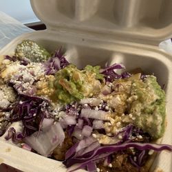 Birria Tacos with red cabbage, guac, cojita cheese, salsa verde, yellow rice, onion, and chipotle sauce. So fire!!