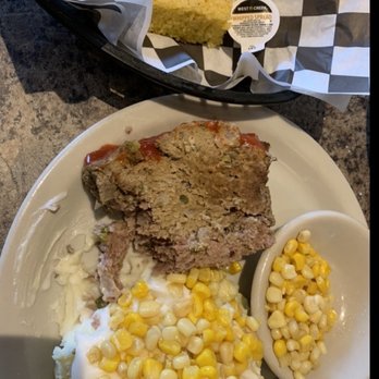 Burton's Cafe - Meatloaf, cornbread, mashed potatoes and corn! (I put the corn on top) - American Near Me - Whittington, Illinois