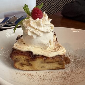 Sail Loft - Bread pudding with fresh whipped cream, vanilla iced cream and a raspberry on top. Delicious! - Seafood Near Me - Dartmouth, Massachusetts