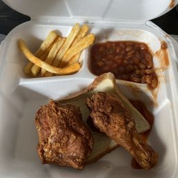 Two piece dark meat with beans and fries