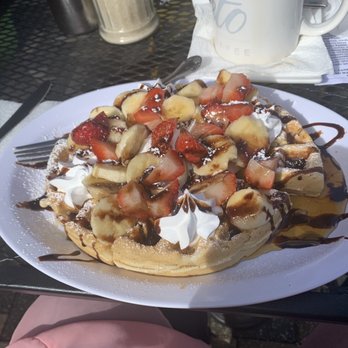 Cafe Veneto - Belgium waffle with fruit. Very good and fresh, but next time, I'll ask for no chocolate syrup. - Breakfast & Brunch Near Me - Jacksonville, Florida