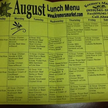 Kremer's Market - Lunch menu August 2013 - Grocery Near Me - Crescent Springs, Kentucky Kremer's Market - Lunch menu August 2013 - Grocery Near Me - Crescent Springs, Kentucky