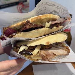 Strabuono - 42, roast, pork, roads, bacon, triple cream and eggplant.  44, ham, bacon, Gorgonzola, cheese, eggplant, truffle cream, red, Italian chicory