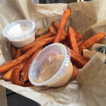 Moxie Burger - Sweet potato fries and fried pickle chips - American Near Me - Roswell, Georgia Moxie Burger - Sweet potato fries and fried pickle chips - American Near Me - Roswell, Georgia