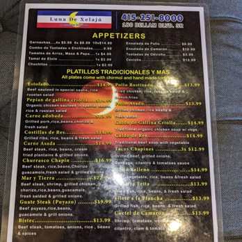 Luna de Xelaju Restaurant - Front side of menu - Latin American Near Me - San Rafael, California Luna de Xelaju Restaurant - Front side of menu - Latin American Near Me - San Rafael, California