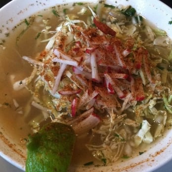Xoco - Chicken pozole with shredded cabbage, radishes, hominy, lime, etc - Mexican Near Me - Chicago, Illinois