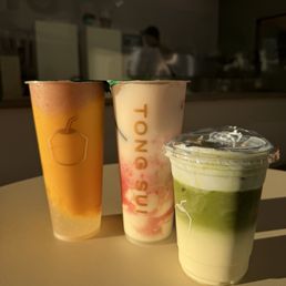 Tropical sunrise, watermelon breeze, earth matcha. (Left to right) Tropical sunrise, watermelon breeze, earth matcha. (Left to right)