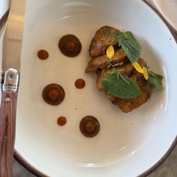 Atelier Manna - grilled chicken roulade with tamarind & smoked date barbecue. honey roasted peanuts. sesame leaf and vermicelli noodles.... SO DELISH - Cafes Near Me - Encinitas, California