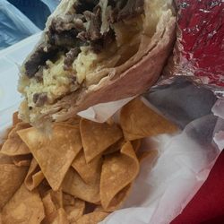 Elena's Taco Shop - California Burrito - Carne Asada and Basket of Chips