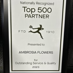 Ambrosia Flowers and Gifts - Thank you, FTD, for recognizing us as one of your top member florists!