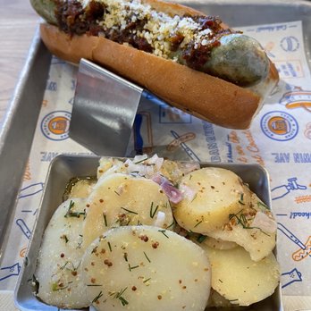 Wursthall - Chicken sausage with pastel and potato salad - German Near Me - San Mateo, California Wursthall - Chicken sausage with pastel and potato salad - German Near Me - San Mateo, California