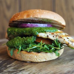 Døgnvill Burger Trondheim - Chicken breast on bread with tomato, red onions, rocket, aioli and Salsa Verde. Yum!