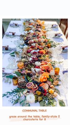 The “COMMUNAL TABLE” || graze around the table, family-style || charcuterie for 8 - Dinner for 8! Additional fees for additional people. The “COMMUNAL TABLE” || graze around the table, family-style || charcuterie for 8 - Dinner for 8! Additional fees for additional people.