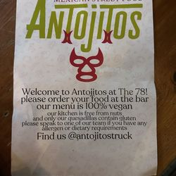 The 78 - The 78 Antojitos Welcome back side of menu.