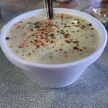 Szabo's - The clam chowder - yes, served in a styrofoam bowl. - Seafood Near Me - Newport, Oregon