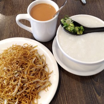 Blue Ocean Cafe - Preserved egg w pork congee + bean sprouts fried noodles. $6.5 - Chinese Near Me - Markham, Ontario