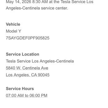 Tesla - Centinela - The confirmation the appointment was made on 5/14 - Car Dealers Near Me - Los Angeles, California