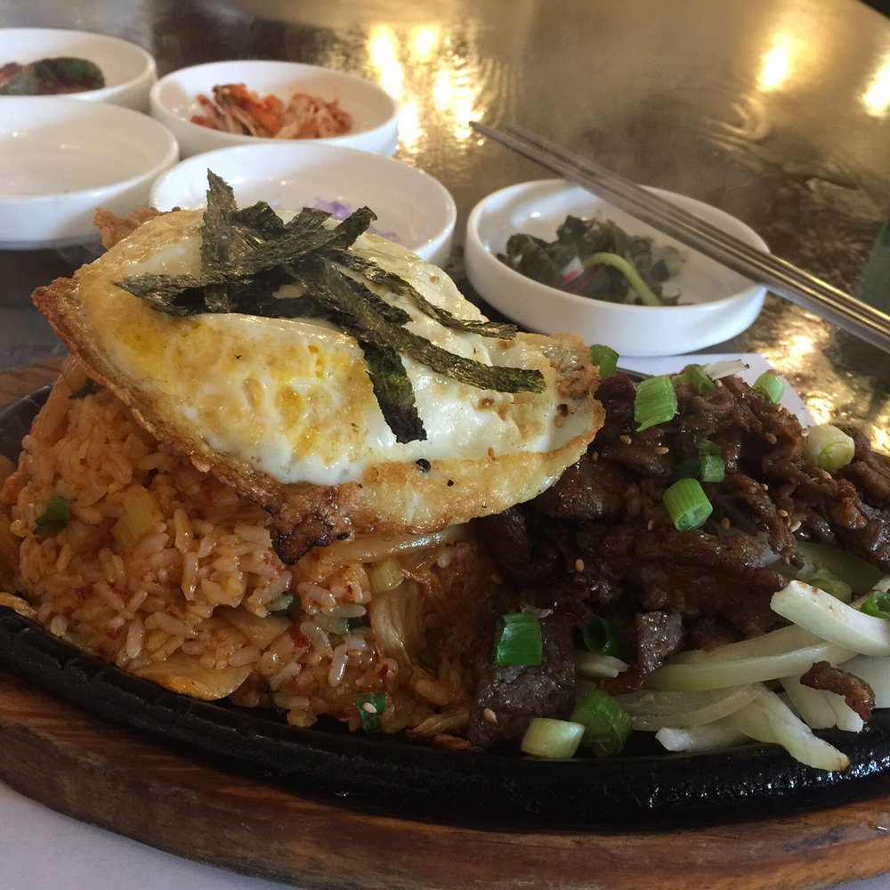 Soy Tofu - Huge portions.  Egg, Kimchi fried rice, onions, and bulgogi. - Korean Near Me - La Palma, California