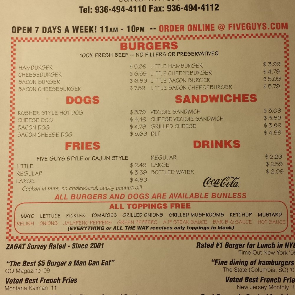 Five Guys - Conroe, TX menu/info as of Dec. 2013 - Burgers Near Me - Conroe, Texas