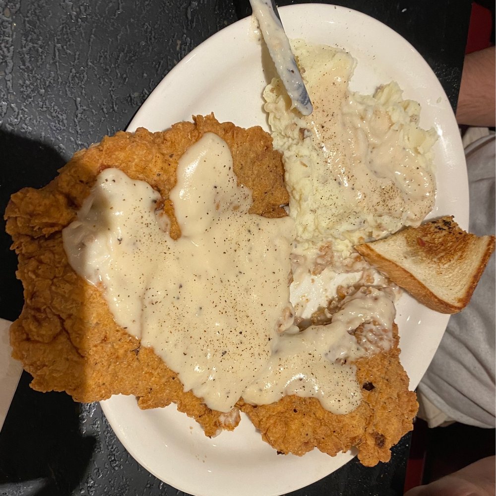 Brook Restaurant & Bar - Chicken fried steak, mashed potatoes and gravy. These plates are huge and the food didn't fit on it. You won't go away hungry!! - American Near Me - Tulsa, Oklahoma Brook Restaurant & Bar - Chicken fried steak, mashed potatoes and gravy. These plates are huge and the food didn't fit on it. You won't go away hungry!! - American Near Me - Tulsa, Oklahoma