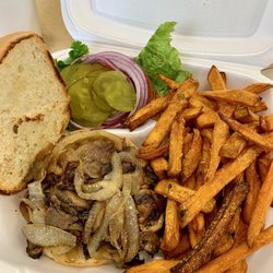 Banner Boswell Memorial Hospital - Chicken Sandwich with grilled mushrooms and onions, sweet potato fries at the Cafeteria