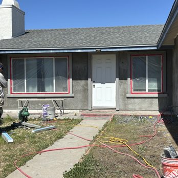 J. Floyd Lath & Plaster - Day 4, brown coat and adding construction foam around the windows and door. - Stucco Services Near Me J. Floyd Lath & Plaster - Day 4, brown coat and adding construction foam around the windows and door. - Stucco Services Near Me