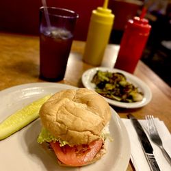 Frazier's On the Avenue - Plain Hamburger, iced tea and side special Brussels Sprouts