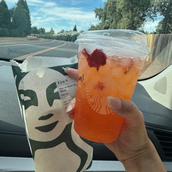 Starbucks - Bacon and sausage wrap // strawberry peach refresher - Coffee & Tea Near Me - Redding, California Starbucks - Bacon and sausage wrap // strawberry peach refresher - Coffee & Tea Near Me - Redding, California