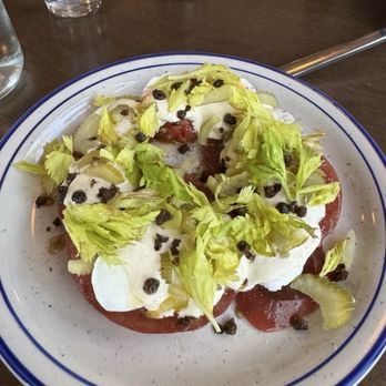 La Copine - Tomato thing with eggs, celery, and tuna aioli. I think those capers were fried. - New American Near Me - Yucca Valley, California La Copine - Tomato thing with eggs, celery, and tuna aioli. I think those capers were fried. - New American Near Me - Yucca Valley, California