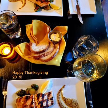 The 808 Bistro - Thanksgiving 2019 - Grilled salmon filet with mustard sauce and brussel sprouts. Delicious! - New American Near Me - Scarsdale, New York