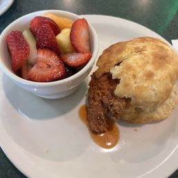 Spicy Honey Chicken Biscuit and Fresh fruit Spicy Honey Chicken Biscuit and Fresh fruit