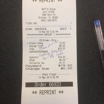 Waffle House - Chipley - Receipt asking that the $5 tip be put towards cooking lessons for the cook - Diners Near Me - Chipley, Florida Waffle House - Chipley - Receipt asking that the $5 tip be put towards cooking lessons for the cook - Diners Near Me - Chipley, Florida