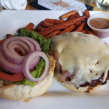 Pine Junction - Bangin' Angus Burger with sweet potato fries - Bars Near Me - Sherman, New York