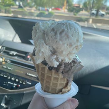 Bruster's Real Ice Cream - S'mores w oreo (bottom) and new york cheesecake (top) in a waffle cone. - Desserts Near Me - Chandler, Arizona
