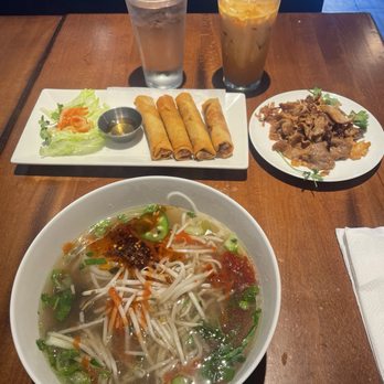 Pho Bulous - Grilled pork pho , order of egg rolls and Thai tea. - Vietnamese Near Me - Huntington Beach, California Pho Bulous - Grilled pork pho , order of egg rolls and Thai tea. - Vietnamese Near Me - Huntington Beach, California