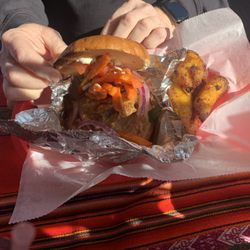 Chaufa Line - Lomo Saltado Sandwich: sweet potatoes, onions, plantains on the side