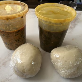Veronica's Kitchen - Left: Egusi Soup w/ Fufu (Pounded Yam) Right: Okra-Ogbono Soup w/ Fufu - African Near Me - Inglewood, California Veronica's Kitchen - Left: Egusi Soup w/ Fufu (Pounded Yam) Right: Okra-Ogbono Soup w/ Fufu - African Near Me - Inglewood, California