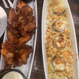 Wings and White Cheddar Stuffed Mushrooms for appetizers
