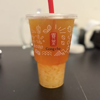 Gong Cha - XL size they have available for certain drinks. This is a peach green tea with nata jelly - Bubble Tea Near Me - Flushing, New York Gong Cha - XL size they have available for certain drinks. This is a peach green tea with nata jelly - Bubble Tea Near Me - Flushing, New York