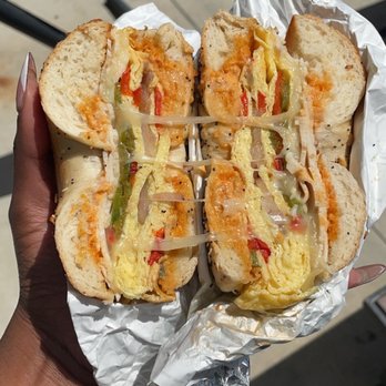 Shirley's Bagels - Santa Fe with turkey on an everything bagel - Bagels Near Me - Costa Mesa, California