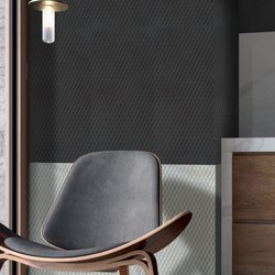 Emser Tile - Ironworxâ„¢ glazed porcelain tile in Ridge Carbon (upper wall) and Ridge White (lower wall)