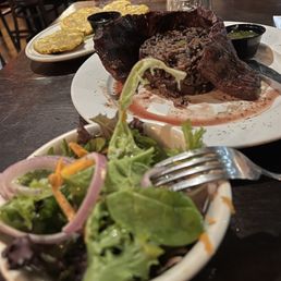 Side salad, Churrasco El Gordo Victor with congri, and Tostones. Always has me coming back.